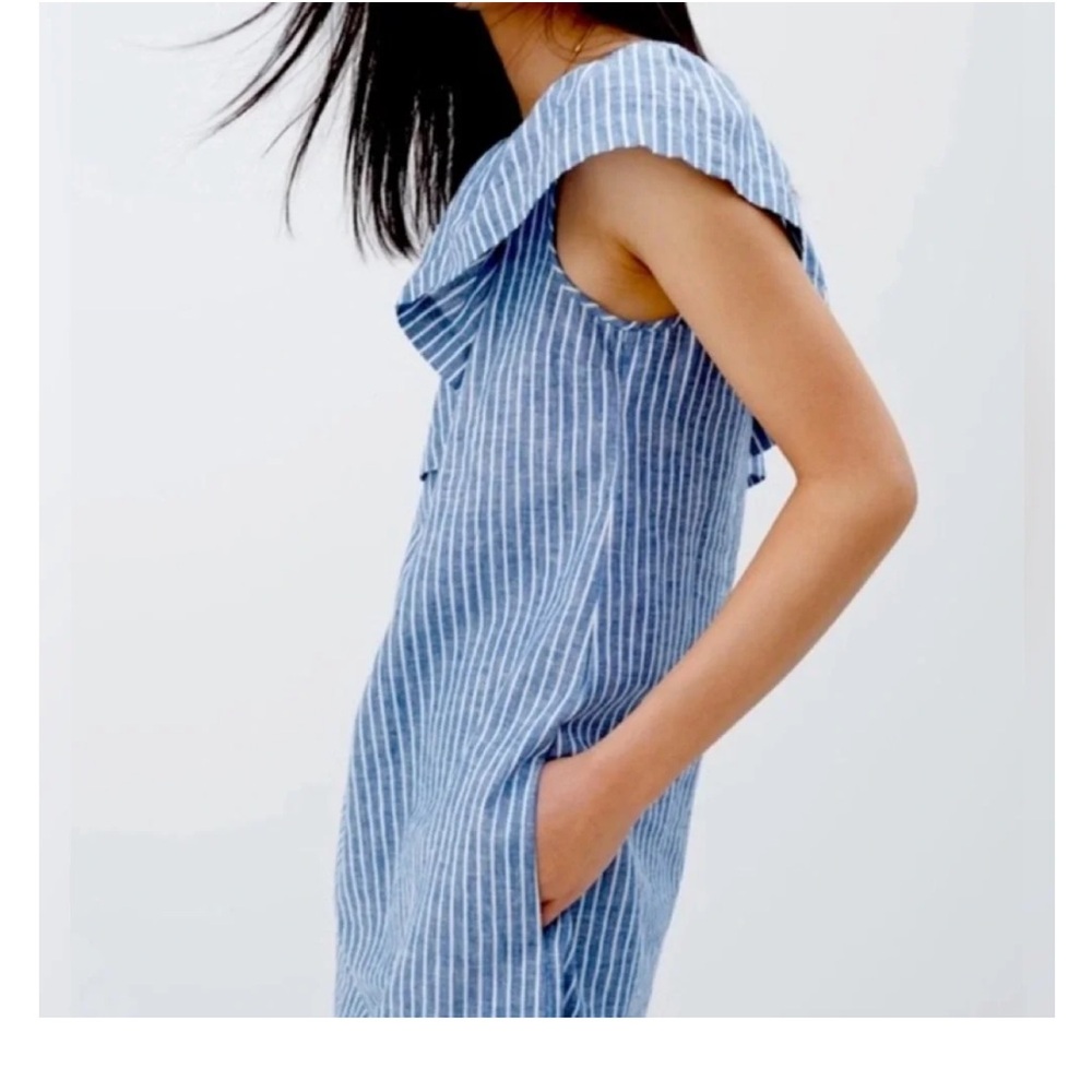 Madewell blue White one shoulder striped mini dress linen cotton blend sz L - Picture 7 of 14